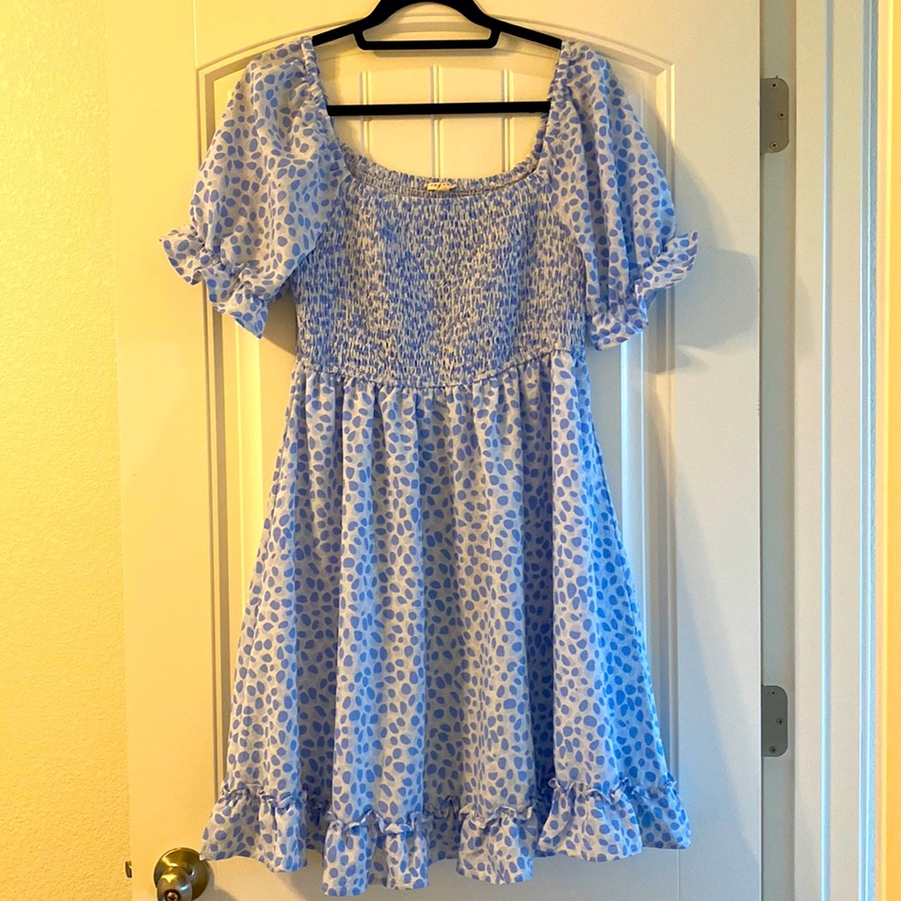 Light Blue Spotted smocked puff sleeve maternity dress, medium